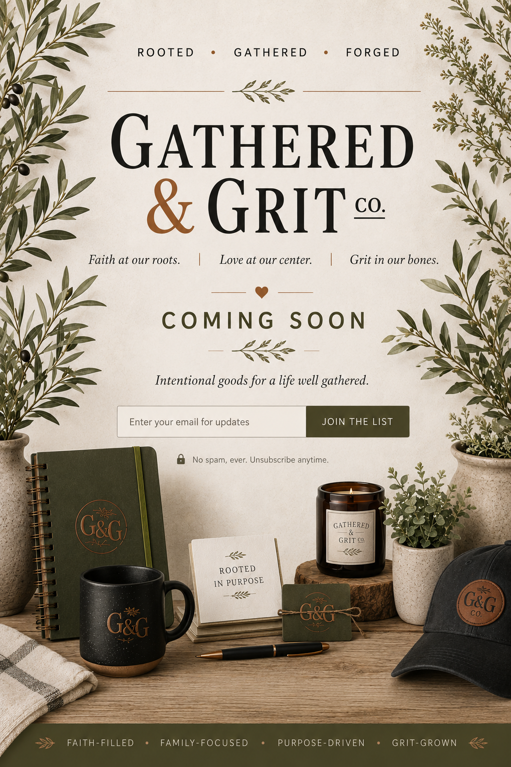 Gathered & Grit Co. coming soon — rooted, gathered, forged. Faith at our roots. Love at our center. Grit in our bones. Intentional goods for a life well gathered.